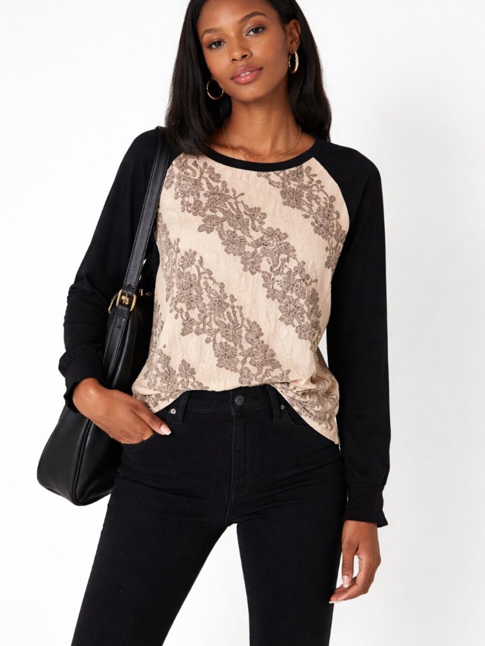 Lane Bryant Lace Front Raglan Sleeve Top Black Floral Plus Size Blouse Sz 14/16